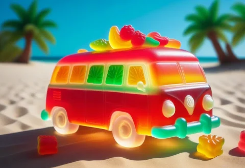 Gummymorph, A Vintage Camper Van Parked On A Beach Under Pal... — SDXL AI Prompt: gummymorph, a vintage camper van parked on a beach under palm trees, made entire...