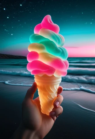 Gummymorph, A Soft Serve Ice Cream Made Of Translucent Gummy... — SDXL AI Prompt: gummymorph, a soft serve ice cream made of translucent gummy candy, glowing pink...