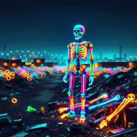 Led, Colorful Led Lights A Neon Skeleton On A Dark Landfill,... — SDXL AI Prompt: LED, colorful LED lights A neon skeleton on a dark landfill, junkyard, neon city...