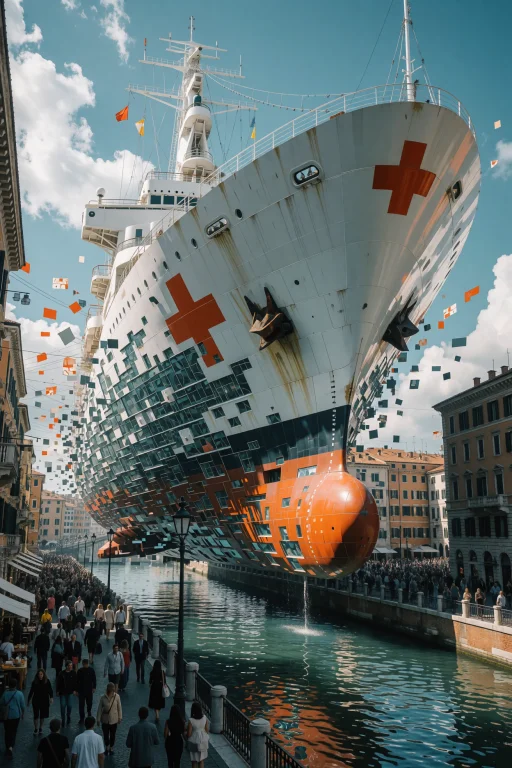 A Massive White Medical Vessel With An Orange Cross Floats A...