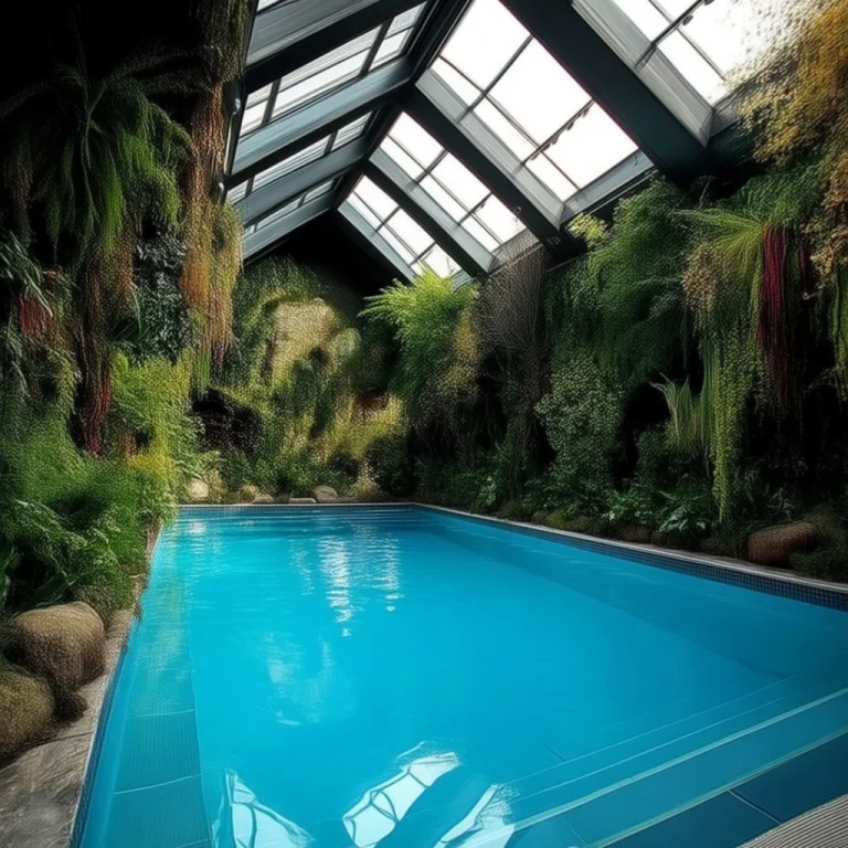 Indoor Pool. Steep Angled Roof With Large Skylights. Surroun...