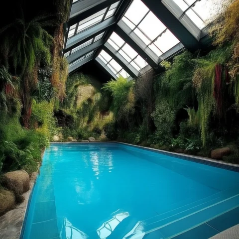 Indoor Pool. Steep Angled Roof With Large Skylights. Surroun... — Stable Diffusion AI Prompt: Indoor pool. Steep angled roof with large skylights. Surrounding interior plants...
