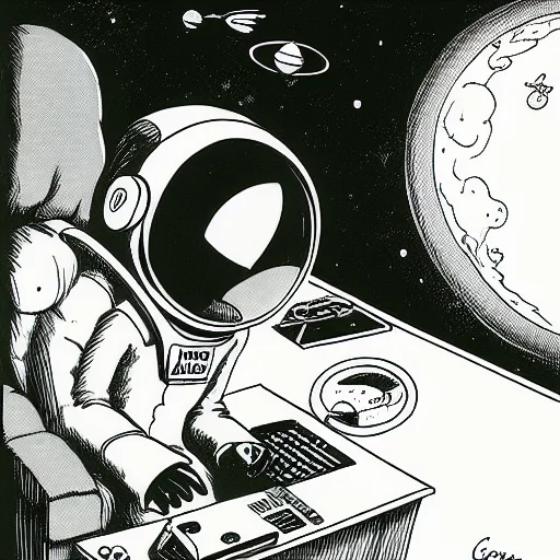 A Cartoon About An Astronaut Working On A Computer, Lorathef...