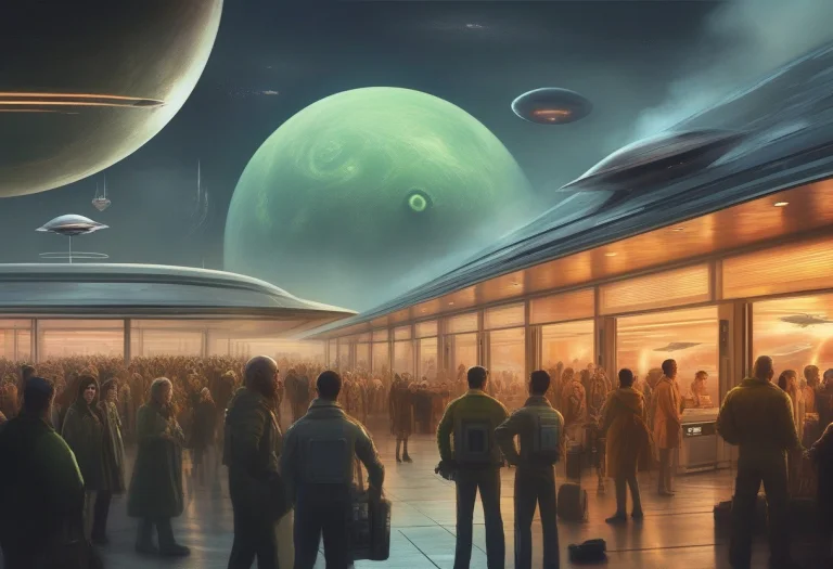 A Spaceport Terminal Crowded With Alien Travelers, Vintage P...