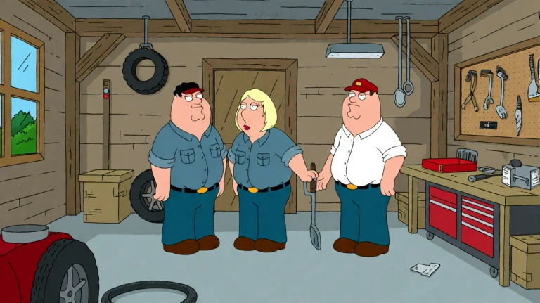 Fmlygyssn03, In A Cluttered Garage, A Man In A Blue Work Shi...