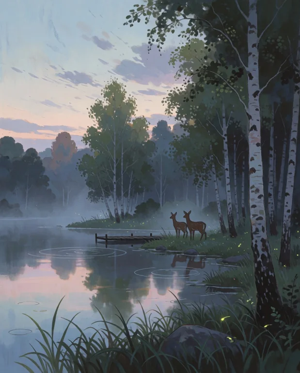 A Pair Of Deer Stand Quietly At The Edge Of A Misty Birch Fo...