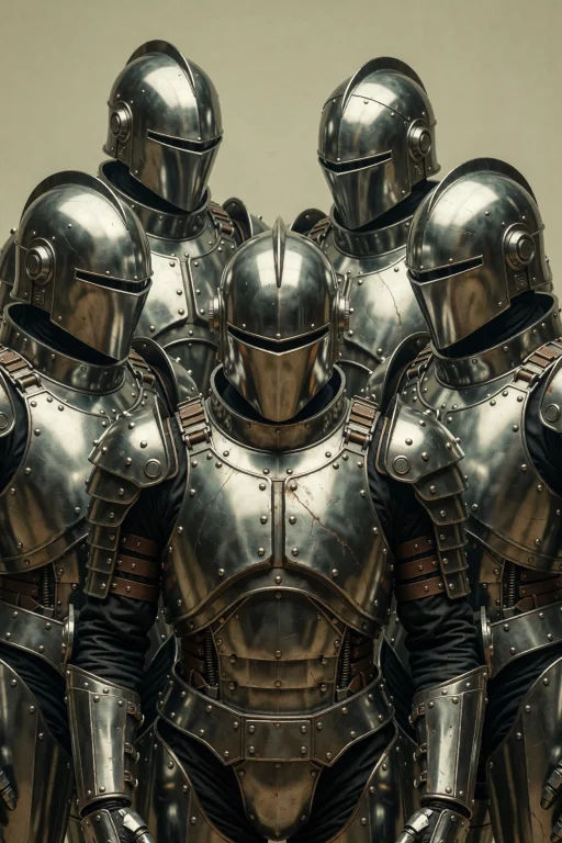 Five Armored Figures With Sleek Metallic Helmets Stand In A...