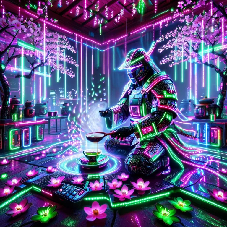 A Futuristic Cyber Samurai Performing A Traditional Tea Cere...