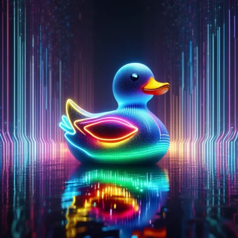 Led, Colorful Led Lights, Reflective Futuristic Neon Glowing... — SDXL AI Prompt: LED, colorful LED lights, reflective futuristic neon glowing rubber duck with LE...