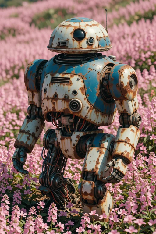 A Rusted Dome-headed Robot Stands In A Field Of Pink Flowers...