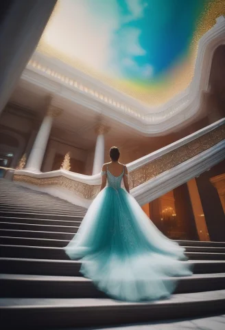 A Ballgown Descending A Grand Marble Staircase, Iridescent L... — SDXL AI Prompt: a ballgown descending a grand marble staircase, iridescent light, tilt-shift, et...