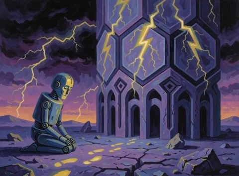 Painting Of A Surreal, Dystopian Landscape Under A Twilight... — Stable Diffusion AI Prompt: Painting of a surreal, dystopian landscape under a twilight sky, where a lone, a...