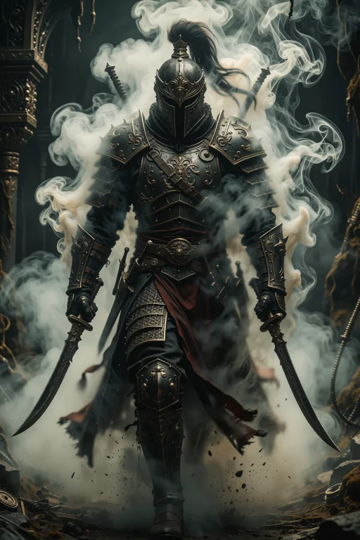 A Warrior Clad In Ornate, Dark Armor Stands Holding Two Curv...