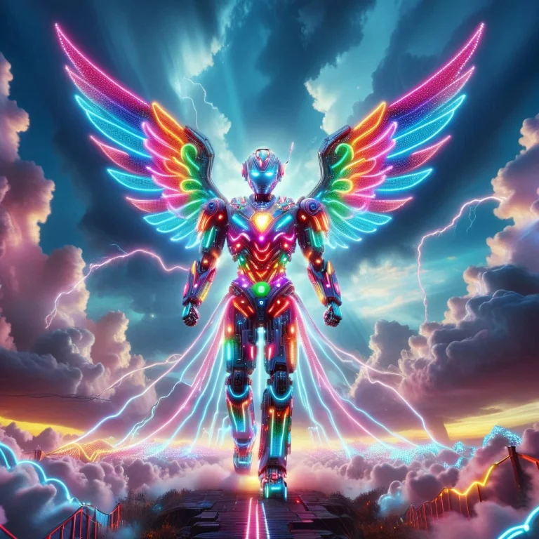 Led, Colorful Led Lights An Angelic Robot Descending From Th...