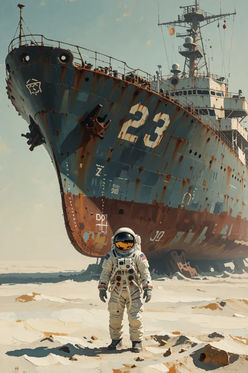 A Lone Astronaut Stands Before A Colossal, Rusted Ship That...