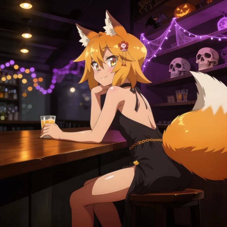 Senkosan Solo 1girl, Sitting On Stool, Halloween-themed Bar...