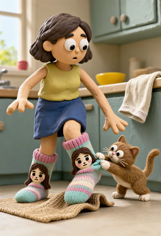 A Lively Diy Claymation Scene In A Sunlit Kitchen A Woman In...