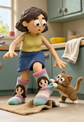 A Lively Diy Claymation Scene In A Sunlit Kitchen A Woman In... — Stable Diffusion AI Prompt: A lively DIY claymation scene in a sunlit kitchen: a woman in bright, hand-knitt...