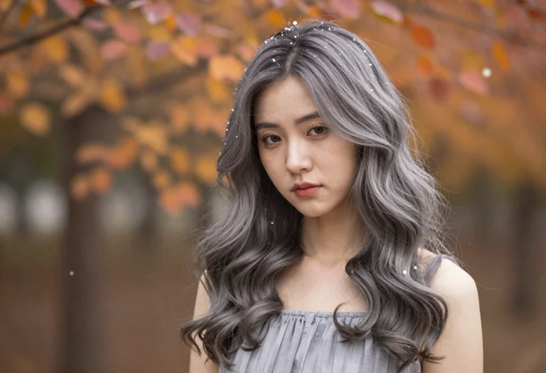 1girl, Medium Hair, Grey Hair, Wavy Hair, Gentle Eyes, Dress...