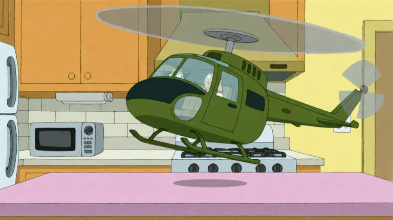 Fmlygyssn07, A Green Military-style Helicopter Hovers Indoor...