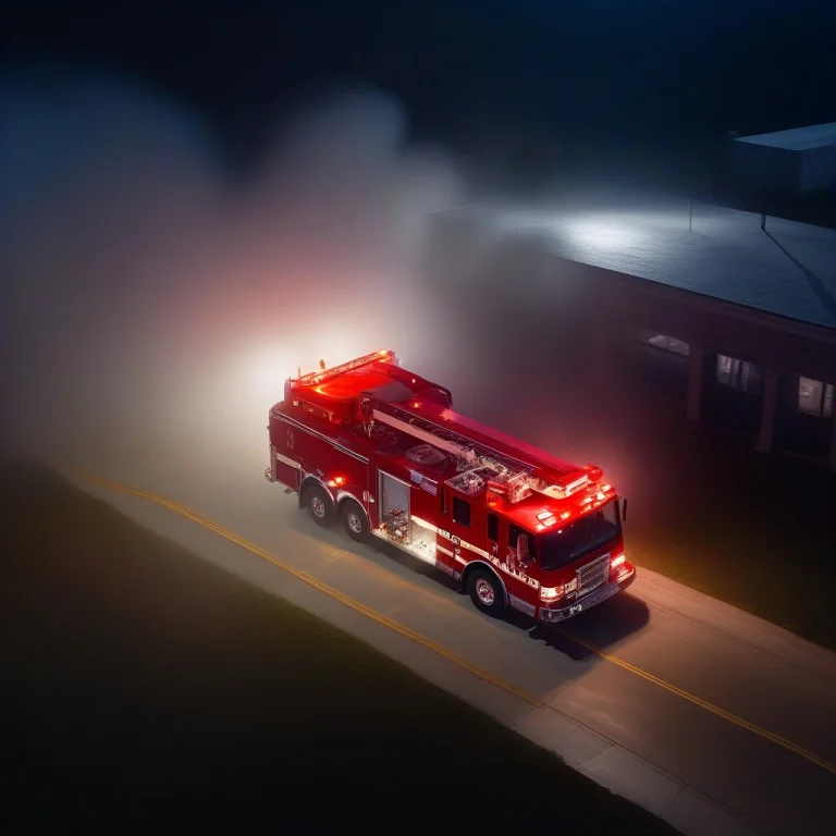 A Fire Truck Gleaming Under Station Lights, Moonlight, Aeria...