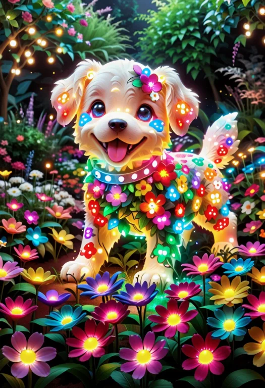 Led, Colorful Led Lights Hppy Puppy In Flower Garden