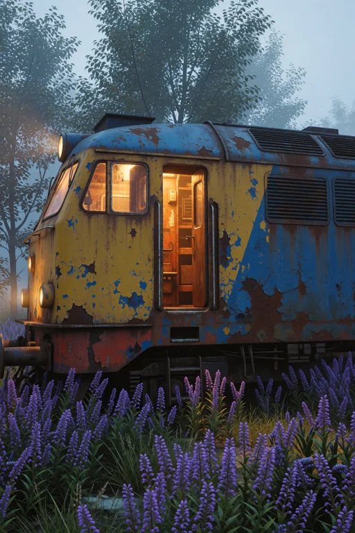 A Weathered Locomotive Half-buried In Purple Wildflowers, It...