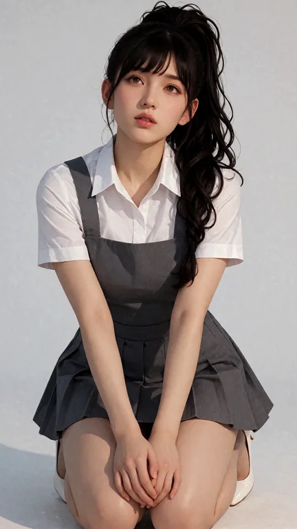 Ch1l14n, Wearing White Short-sleeve Collared Blouse, Gray Pi...