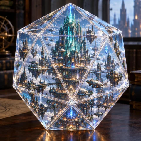 Edit The City In Image 1 To Be The City Inside The Icosahedr... — Stable Diffusion AI Prompt: edit the city in image #1 to be the city inside the icosahedron in image #2 [D&D...