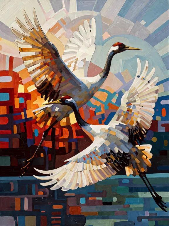 Bradhamel Art Style. Three Elegant Cranes In Mid-flight, Ren...