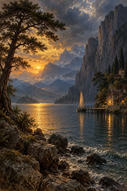 Painterly Cinematic Landscape, A Tranquil Twilight Mountain...