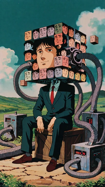 80s Retro Anime, A Man Wearing A Sharp Dark Teal Suit, A Whi...