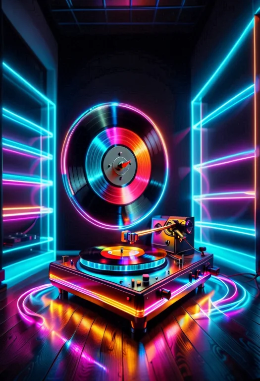 Masterpiece, A Vintage Record Player Spinning A Glowing Neon...