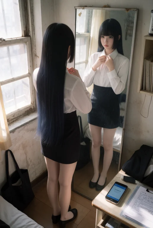 竖版构图的超写实人像摄影作品,机位放在女子身后偏左、与她腰部...