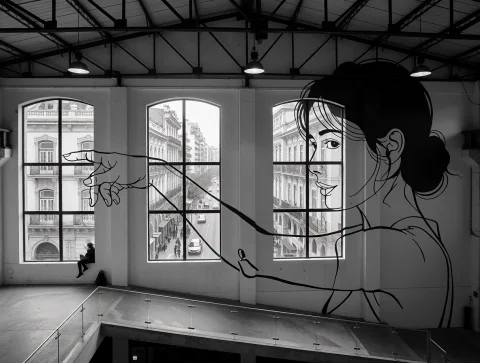 A Black And White Photograph Of An Expansive Industrial Inte... — Stable Diffusion AI Prompt: A black and white photograph of an expansive industrial interior featuring a mas...