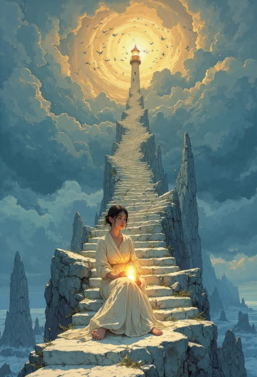 A Solitary Young Woman Sits Barefoot On The Middle Steps Of...