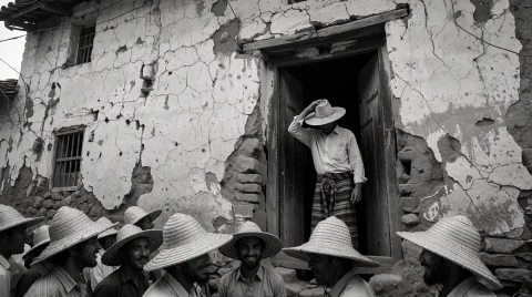 A Black And White Cinematic Photograph Of A Man Emerging Fro... — Stable Diffusion AI Prompt: A black and white cinematic photograph of a man emerging from the dark wooden do...