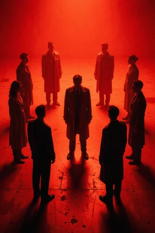 A Solitary Man In A Trench Coat Stands Center Stage Surround... — Stable Diffusion AI Prompt: A solitary man in a trench coat stands center stage surrounded by eight other fi...
