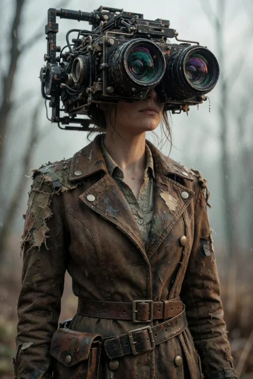 A Woman In Worn Brown Leather Stands With A Massive Camera R...