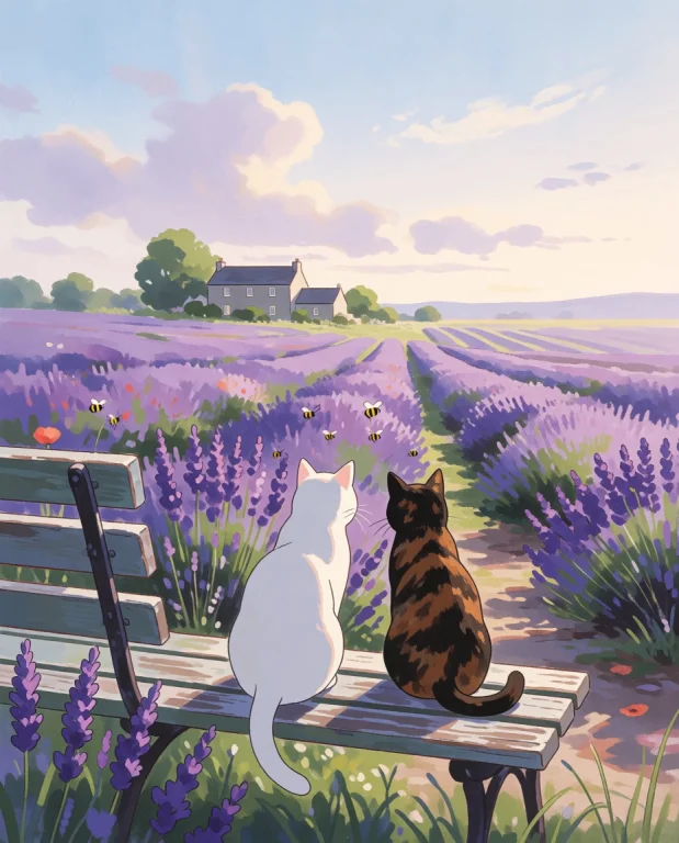 A White Cat And A Tortoiseshell Cat Sit Side By Side On A We...