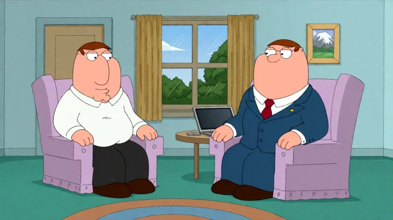Fmlygyssn15, A Man In A Blue Suit And Red Tie Sits At A.