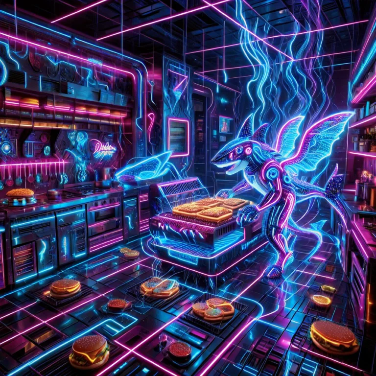 A Cool Humanoid Shark With Mechanical Neon Wings Wearing A R...