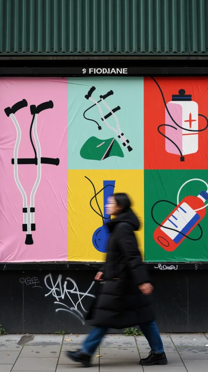 Blurred Figure In A Black Coat Walking Past Five Vibrant Ver...