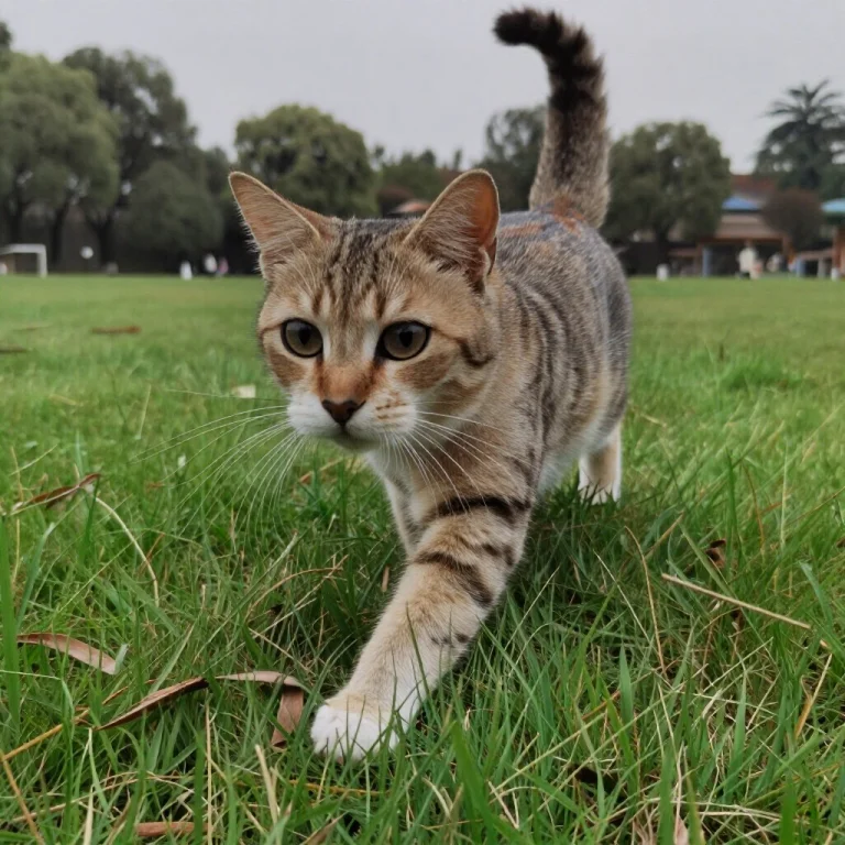 Zimzcat, A Cat Walking Through Green Grass In A Quiet Park,...