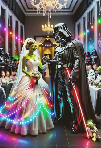 Wedding, Darth Vader, Yoda Is Bride, Loracolourfulled6666231... — Stable Diffusion AI Prompt: Wedding, Darth Vader, Yoda is bride, , LED, colorful LED lights,​​​