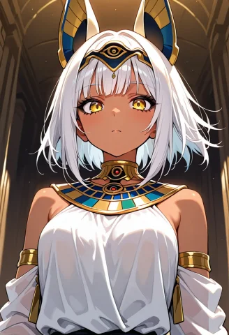 One Girl, White Hair, Yellow Eyes, Black Eyeliner, Egyptian... — Stable Diffusion AI Prompt: one girl, white hair, yellow eyes, black eyeliner, egyptian clothes, white loose...