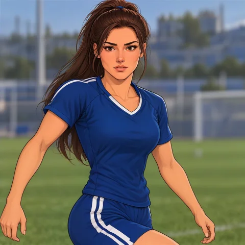 Fnsara, Woman, Full Body, Running With A Football, Blue Foot... — SDXL AI Prompt: fnsara, woman, full body, running with a football, blue football kit, ponytail,...