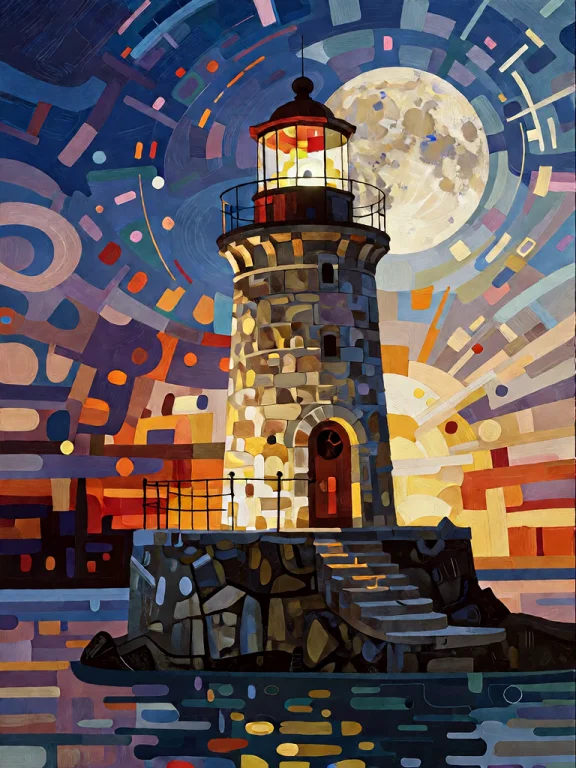 Bradhamel Art Style. A Tall Stone Lighthouse With A Glowing...