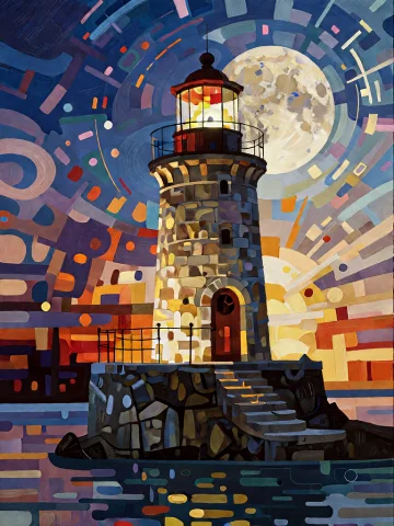 Bradhamel Art Style. A Tall Stone Lighthouse With A Glowing... — Stable Diffusion AI Prompt: Bradhamel art style. A tall stone lighthouse with a glowing lantern room and arc...