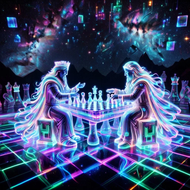 Two Ethereal Figures Made Entirely Of Glowing Neon Lines Pla...